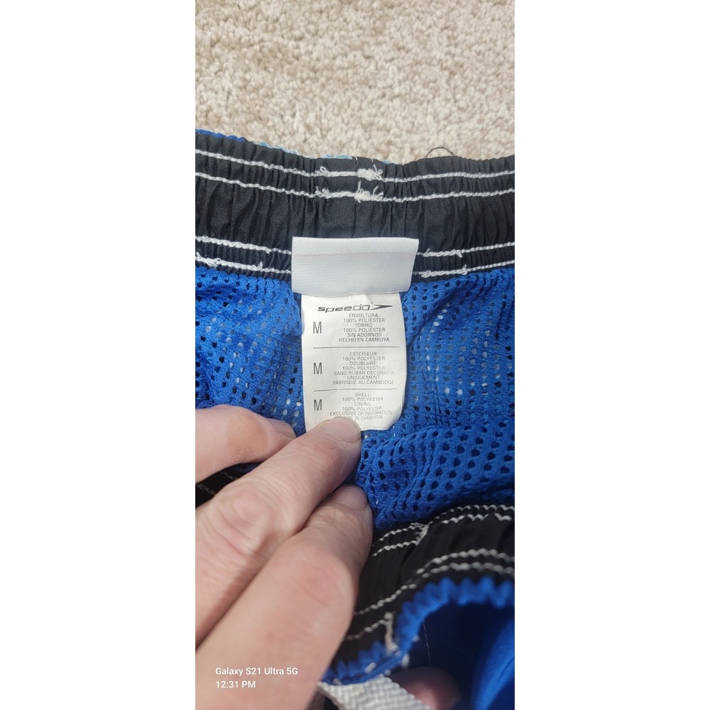 Speedo Swim Trunks Board Shorts w/ Liner Mens Med Black Blue Waves‎ Swimsuit - Picture 2 of 6